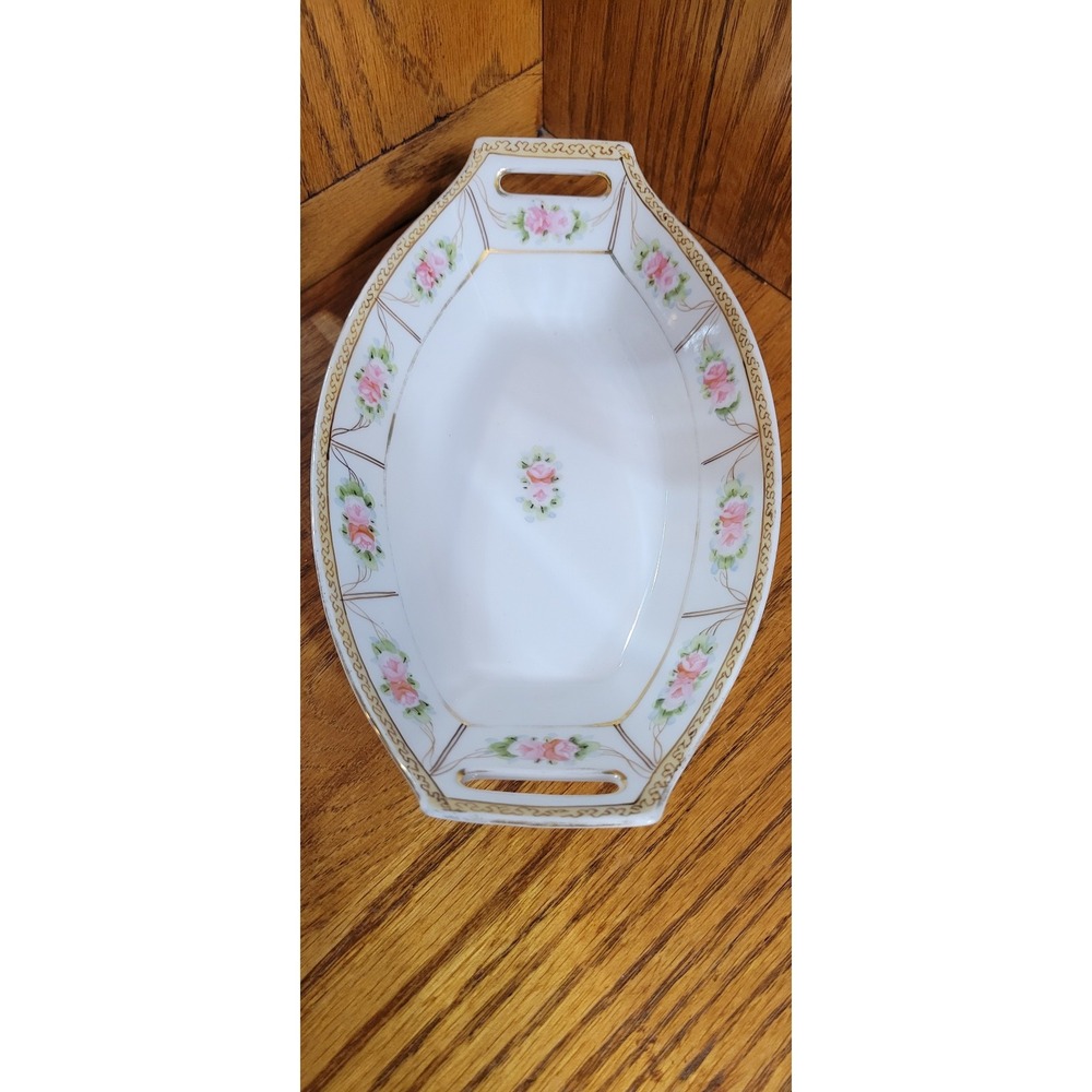 Nippon Hand Painted Porcelain Floral Gold Trim Oval Serving Bowl with Handles
